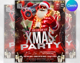 Christmas Party Flyer, Nightclub Flyer For Christmas Celebration, Holiday Dj Party Flyer Template, Canva Editable Santa Party Flyer