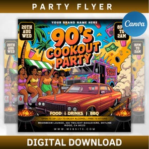May include: A digital flyer for a 90's Cookout Party, featuring a retro design with a red car, a colorful food truck, and illustrations of people. The flyer includes event details such as the date, time, and location.