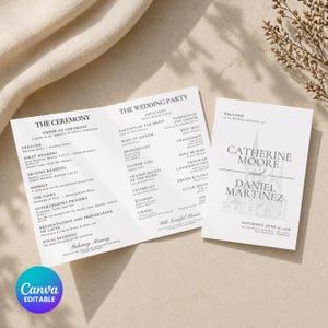 May include: White wedding programs with elegant text and a church illustration. The open program displays the order of ceremony and wedding party details. The cover features the couple's names and wedding date.
