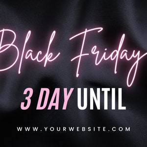 Op de afbeelding: Black Friday-verkoopbanner met roze ballonnen en de tekst "Black Friday 3 Day Until www.yourwebsite.com"