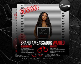 Brand Ambassador Wanted Flyer, Brand Ambassador Flyer Template Canva Editable, Instagram post, Model, Hair, Makeup, lashes, Nails, Clothing
