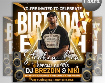 Puede incluir: Un folleto de fiesta de cumpleaños dorado y negro con una foto de un hombre con una camisa negra con un logotipo de Hennessy. El folleto dice "You're invited to celebrate Birthday Bash Stephen Ben" y "Special Guests DJ Brezdin & Niki".
