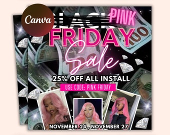 Black Friday Flyer,Black And Pink Friday Sale Flyer,Black Friday Special Sale For November Hair,Nails,Lashes,Braids,boutique, Canva Editable