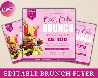 May include: Pink and white flyer with the text "Boss Babe Brunch" and the date "Friday - July 14th". The flyer also includes the price of $35 for tickets, a description of what is included, and a location. The flyer has a pink marble background with images of pancakes, fruit, and drinks.