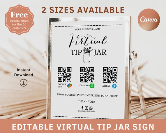 Editable Virtual Tip Jar, Virtual Tip Jar Sign, Payment Method Sign, Virtual Tip Venmo, Cash App Bartender, Qr Code Sign