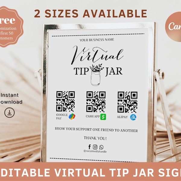 Editable Virtual Tip Jar, Virtual Tip Jar Sign, Payment Method Sign, Virtual Tip Venmo, Cash App Bartender, Qr Code Sign