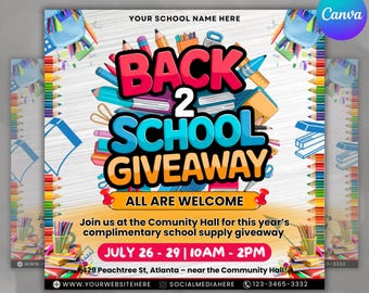Back To School Flyer Giveaway Flyer, Back to school Supplies flyer, DIY canva template, Back 2 School Flyer, Giveaway Special Flyer Canva
