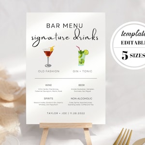 Plantilla de menú de bar, bebidas para él y para ella, bebidas exclusivas, cóctel exclusivo, letrero de cóctel, letrero de boda, letrero de despedida de soltera, cartel de cóctel