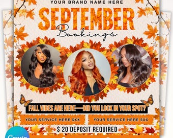 September Booking Flyer, Fall Makeup Deals, Appointment Flyer, Book Now Flyer, Hair, Nails, Makeup Lashes Braids Wigs, Canva Editable