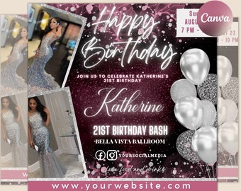 Birthday Flyer, Custom Editable Templates, Instagram Business Canva Flyer, Print At Home, Instant Download, DIY Template, Birthday Glam