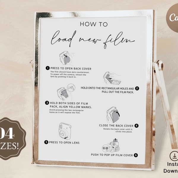 How To Load New Film Camera Instructions Sign | Instax Mini 11 Photo Guestbook Sign | Wedding Reception Photo Signs Template Editable,Instax