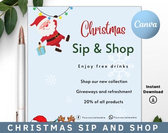 Sip and Shop Flyer Christmas Theme, Christmas Invitation, Social Media Flyer, Holiday Invitation, Shop And Sip Holiday, Christmas Flyer