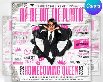Pink And White Homecoming Flyer,Rip Me Out of My Plastic,Homecoming Queen & King Vote Flyer,Class Campaign Flyer, Prom Queen Election Flyer