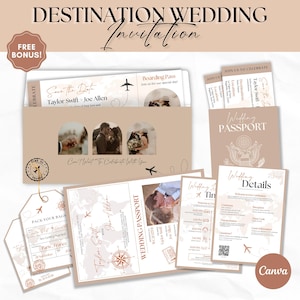 May include: A destination wedding invitation suite featuring a passport-style booklet, boarding pass, and luggage tag. The stationery set includes beige and white paper with travel-themed graphics, world maps, and text reading Wedding Passport.