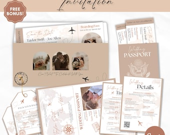Destination Wedding Passport Invitation, save the Date Boarding Pass Beige And White Travel Wedding Suite ,Canva Save The Date Boarding Pass