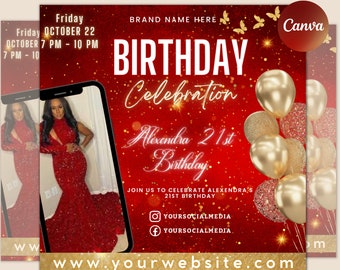 May include: Red and gold birthday party invitation with a photo of a woman in a red dress. The invitation says "Birthday Celebration" and "Alexandra 21st Birthday". It also includes the date and time of the party, the social media handles, and the website address.