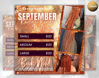 Editable September Fall Flyer, Knotless Braid Deals, Braids Flyer, Appointment Flyer, Canva Template, Social Media Flyer, Book Now Flyer