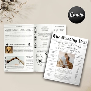 Krant bruiloft programma, bewerkbare bruiloft krant programmasjabloon, bruiloft krant canvas bewerkbare krant sjabloon direct downloaden