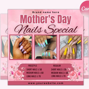 Mother&#39;s Day Nail Specials Flyer, Nail Set, Nail Styles, Nail Tech, Booking Available Flyer, Social Media Content, Canva Flyer