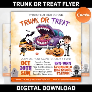 May include: A colorful flyer for a Trunk or Treat event at Springfield High School Stadium. The flyer features a cartoon car with a trunk full of candy, a witch, a skeleton, and pumpkins. The event is on October 20th from 8pm to 10pm. Contact information is included.