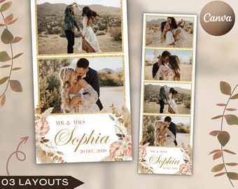 May include: A photo booth backdrop with a gold glitter background and floral accents. The backdrop has two photo strips with images of a couple in a desert setting. The text "MR & MRS Sophia 20 DEC, 2020" is at the bottom of the backdrop.