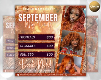 September Fall Flyer, Wig Deals Available, Appointment Flyer, Canva Template, Wig Install Flyer, Social Media Flyer, Book Now Flyer