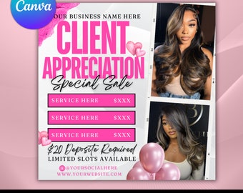 Client Appreciation Flyer, Client Appreciation Sale Flyer, Book Now Flyer, Hairstylist Flyer Nail Lash Tech, Wigs Braid Flyer Canva Template