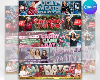 May include: A digital flyer for Christmas parties, featuring various themed events like an ugly sweater party, Christmas hat day, candy cane day, pajama party, and match day. The flyer includes dates, times, and contact information.