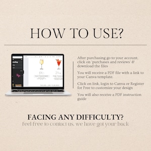 May include: A laptop screen displaying a Canva design template for a drink menu. The template features two cocktails, an Old Fashioned and a Pink Passion, with text that says "Taylor + Joe 1.28.2022". The text "HOW TO USE?" is displayed above the laptop and the text "FACING ANY DIFFICULTY? feel free to contact us, we have got your back" is displayed below the laptop.