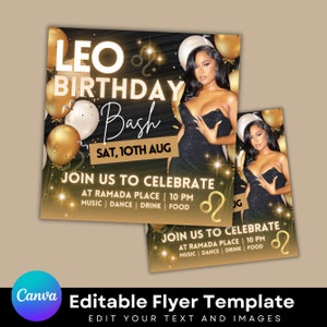 May include: A gold and black birthday party invitation with a photo of a woman in a black dress. The invitation says "Leo Birthday Bash" and "Sat, 10th Aug". It also says "Join us to celebrate at Ramada Place | 10 PM Music | Dance | Drink | Food".