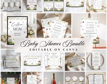 Love Bug Baby Shower Bundle, Wildflower Love Bug, Baby Shower Decorations, A Little Lovebug Invitation and Party Decor, Canva Editable