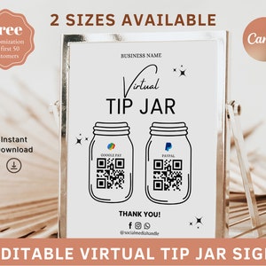 Op de afbeelding: Bewerkbaar virtueel fooi-pot-bord met een zilveren frame. Het bord heeft een witte achtergrond met de tekst "Virtual Tip Jar" en twee QR-codes voor Google Pay en PayPal. Het bord bevat ook de tekst "Bedankt!" en social media-handles.