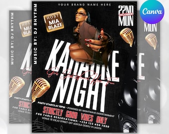 May include: A black and white party flyer with the text "Karaoke Night" and "Strictly Good Vibes Only." The flyer features a woman, microphones, and the text "Digital Download."