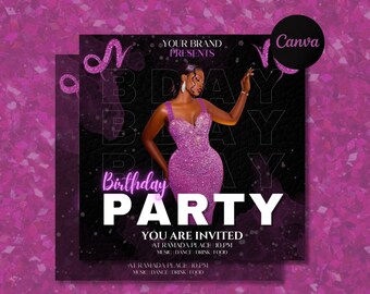 Capricorn Birthday Flyer, Pink Birthday Template, Birthday Girl, Party Flyer, Celebration Flyer, Birthday Event, Birthday Invite Canva Flyer