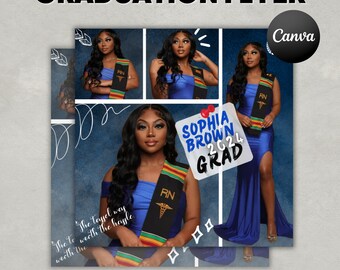 Puede incluir: Un folleto de anuncio de graduación con un collage de fotos de una mujer con un vestido azul y una banda de graduación. El texto del folleto dice "Sophia Brown 2024 Grad".