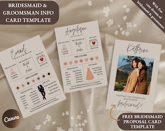 Brautjungfer Info Kartenvorlage bearbeitbar mit Canva, anpassbare Braut Party Info, Brautjungfer Groomsman Vorlage, Brautjungfer Vorschlag Karte