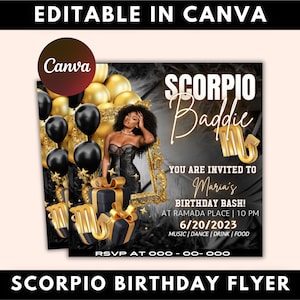 Scorpio Birthday Flyer, Birthday Template, Birthday Girl, Party Flyer, Celebration Flyer, Birthday Event, Birthday Invite, Canva Flyer