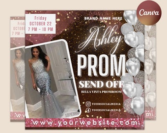 May include: A prom send-off invitation with a glittery background and silver balloons. The invitation features the name "Ashley" and the date "Friday, October 22, 7 PM - 10 PM". The text "Bella Vista Promroom" is also included.