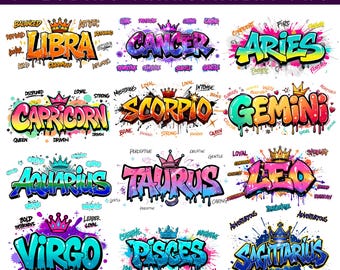 Zodiac PNG Bundle,Gemini Zodiac Graffiti PNG BundleHoroscope Designs for SublimationPrintable Astrology Signs Bundle Zodiac Art for Shirt