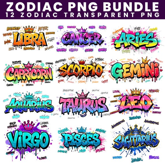 Zodiac PNG Bundle,Gemini Zodiac Graffiti PNG BundleHoroscope Designs for SublimationPrintable Astrology Signs Bundle Zodiac Art for Shirt