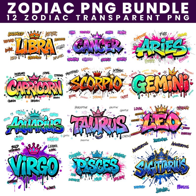 Sternzeichen-PNG-Bundle, Zwillinge-Sternzeichen-Graffiti-PNG-Bundle, Horoskop-Designs für Sublimation, druckbare Astrologie-Zeichen-Bundle, Sternzeichen-Kunst für T-Shirts Bild 1
