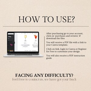 May include: A laptop screen displaying a Canva design template for a drink menu. The menu features two drinks, an Old Fashioned and a Pink Passion, with illustrations of each drink. The text on the screen reads "How to Use?" and provides instructions for accessing and customizing the template.