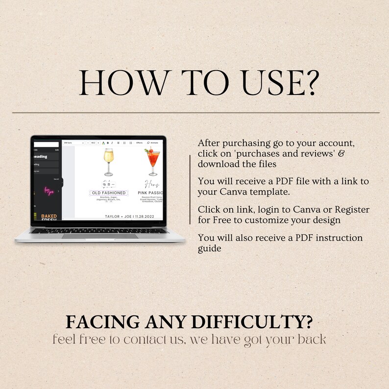 May include: A laptop screen displaying a Canva design template for a drink menu. The menu features two drinks, an Old Fashioned and a Pink Passion, with illustrations of each drink. The text on the screen reads "How to Use?" and provides instructions for accessing and customizing the template.