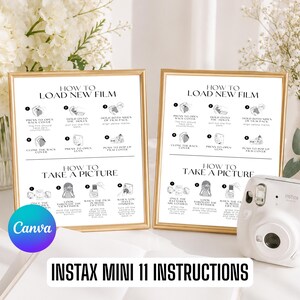 Pode incluir: Dois cartazes de instruções idênticos em molduras douradas intitulados How to Load New Film e How to Take a Picture, com diagramas numerados a preto e branco e instruções para uma câmara Instax Mini 11, ao lado de uma câmara branca.