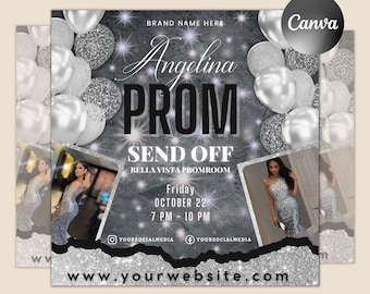 May include: A promotional flyer for an event titled "Angelina PROM Send Off." The design features silver and white balloons, a photo of a woman in a sparkly dress, and the event details: Friday, October 22, 7 PM - 10 PM.