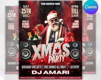 Christmas Party Flyer, Nightclub Flyer For Christmas Celebration, Holiday Dj Party Flyer Template, Canva Editable Santa Party Flyer