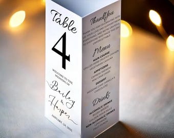Wedding Trifold Table Number, Minimalist Wedding Trifold Menu, Wedding Tri-Fold Thank You Card, Triangle Table Stand, Trifold Table Number