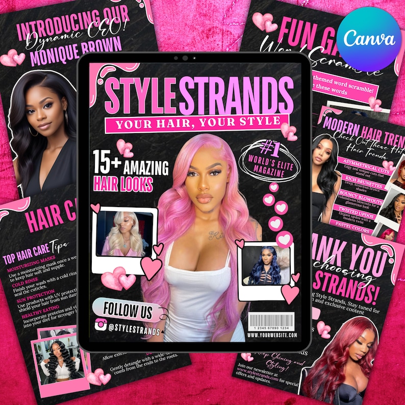 May include: A magazine cover with a pink background and the title "Style Strands: Your Hair, Your Style". The cover features a woman with long pink hair and a white shirt. The magazine also includes the text "15+ Amazing Hair Looks" and "#1 World's Elite Magazine".