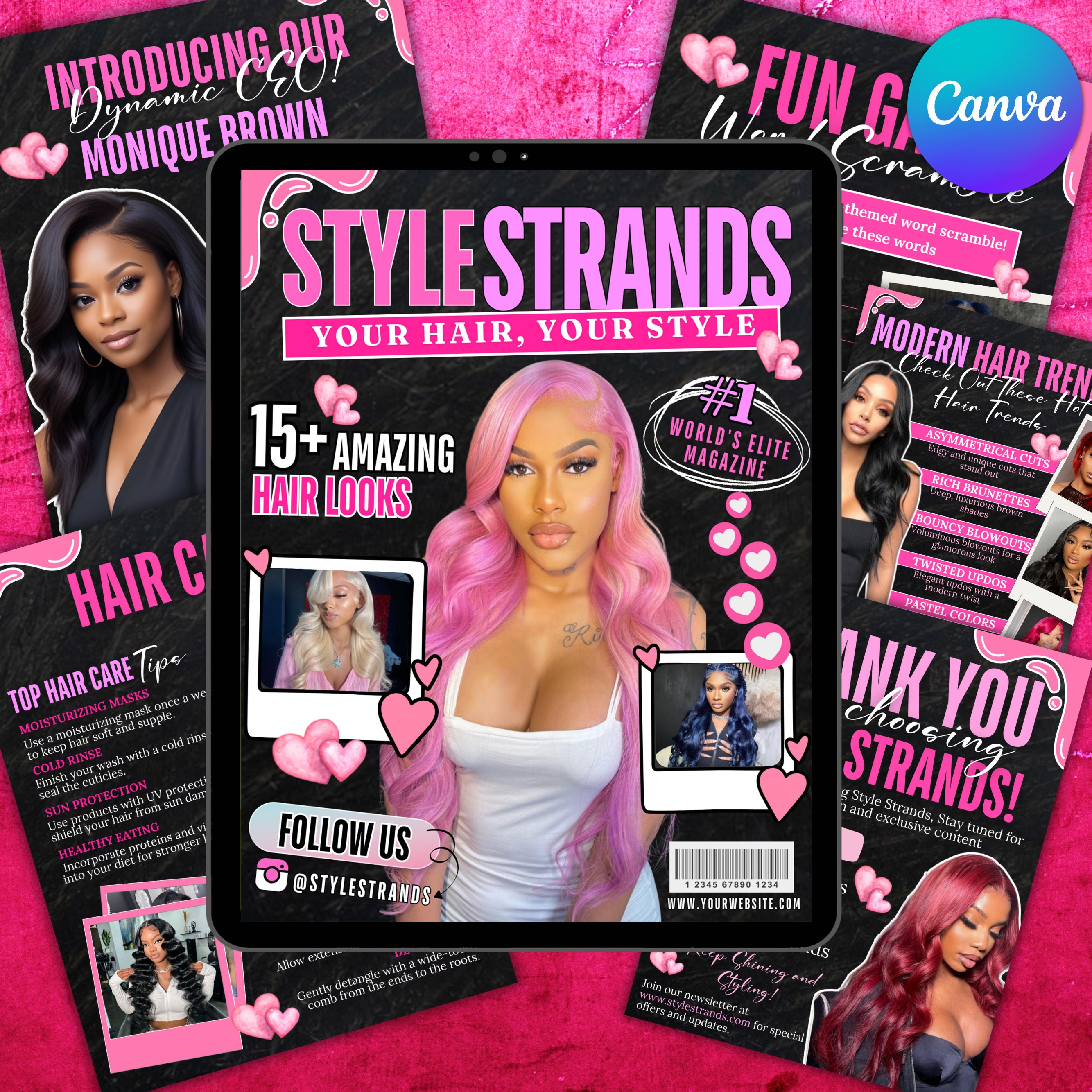 90s Magazine Template, 90s Style Magazine Template For Hair Lashes, Nails, MUA, Beautician, Braid, Boutique, Magazine Catalog Canva Template