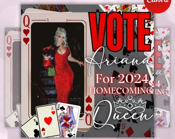 Könnte beinhalten: Ein digitaler Flyer mit einem roten, weißen und schwarzen Farbschema. Der Flyer zeigt ein Foto einer Frau in einem roten Kleid, mit dem Text "VOTE Ariana Für die Homecoming Queen 2024" in großen, fetten Buchstaben.